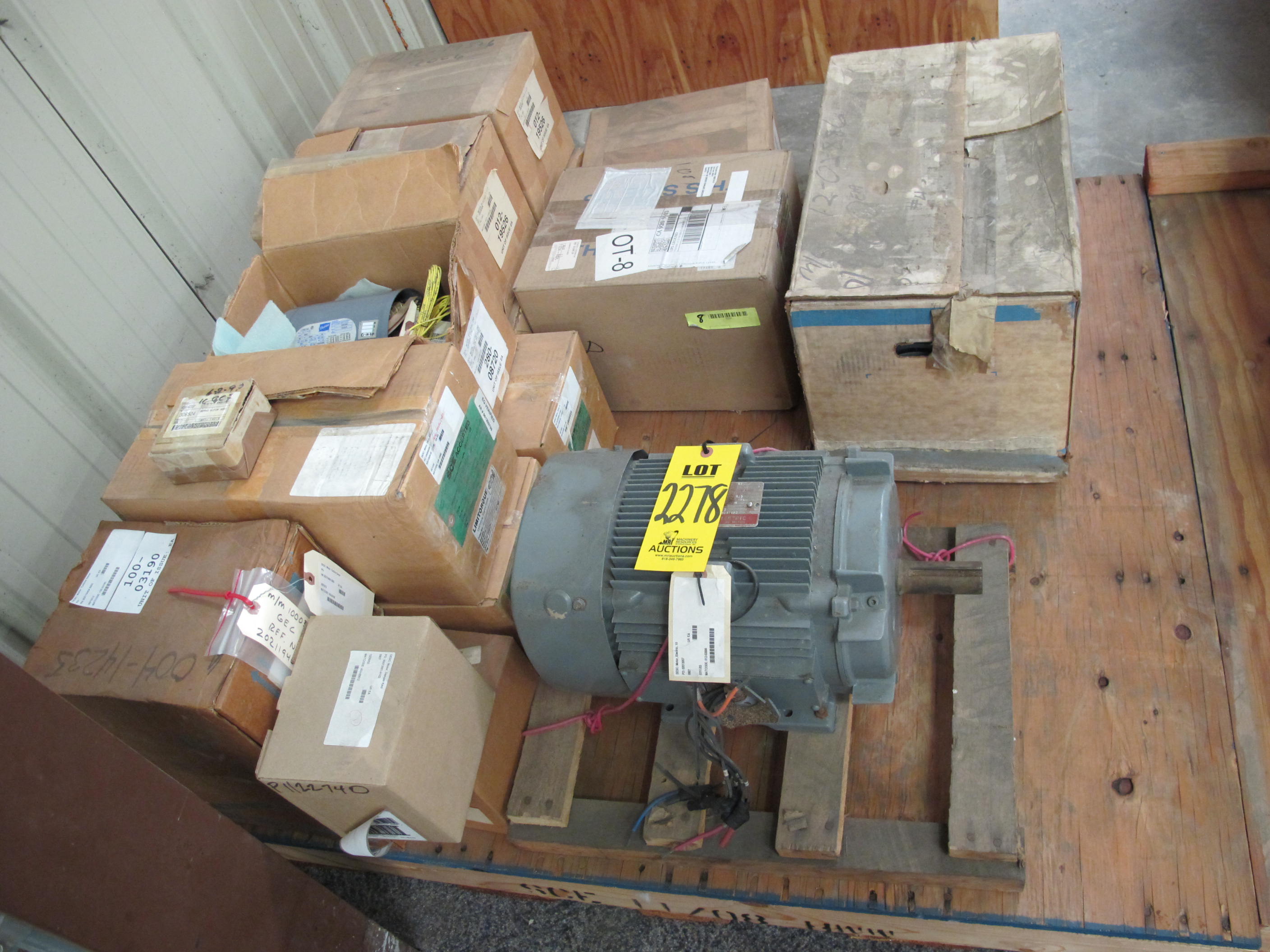 LOT (13) TO INCLUDE: (1) MOTOR, ELECTRIC TYPE, 10 HORSEPOWER, 230/460VAC 3 PHASE 60HZ ELEC RATING, 1755 RPM, 215T FRAME, 23.8-11.9 AMPS, TEFC ENCLOSURE, CONT. DUTY, 1.15 SERVICE FACTOR, 1-1/4" SHAFT. FOOT MOUNT, PART # 5KE215BC205B, (1) MOTOR, DAMPER KIND. PARTS FOR "CARRIER" WEATHERMAKER, MODEL COCZ008-600FA-1, 48V WITH ECONOMIZER, PART # M7415A1006-E, (2) MOTOR, TURBINE/GENERATOR TYPE, THRUST BEARING LUBE OIL FILTER APPLICATION, ELECTRIC KIND, 1/2 HP, 460VAC, POLY PHASE, 60HZ, 1690 RPM OTHER. WATERPROOF ENCLOSURE, D80D SIZE, SQUIRREL CAGE WITH OIL SEAL, CLASS "F" INSULATION, (4) MOTOR, ELECTRIC TYPE, 1-1/2 HORSEPOWER, 230VAC 1 PHASE 60HZ ELEC RATING, 1060 RPM, 1.5 AMPS, OPEN ENCLOSURE, CONTINUOUS DUTY, 1/2" DIA SHAFT. 1/2" DIA SHAFT MACHINED FLAT, 4-3/4" DIA X 2-3/4" LG CYLINDRICAL FRAME, THERMALLY PROTECTED, FACE MOUNT, PART # 8101-427, (1) MOTOR, ELECTRIC TYPE, 2HP HORSEPOWER, 230/460VAC ELEC RATING, 3450 RPM, G56Y FRAME, 5.2/2.6A AMPS, 30 MIN DUTY, 1.0 SERVICE FACTOR. REF# 601149DJ928,3 PHASE, KVA CODE J, TYPE PN, INSUL CLASS B, MAX AMBIENT TEMP 40 DEG C, PART # LR22132, (3) MOTOR, VALVE ACTUATOR TYPE, .33 HORSEPOWER, 460VAC 3 PHASE 60HZ ELEC RATING, 5 FT/LB START TORQUE, 1700 RPM, 48 FRAME, 1 RUN TORQUE, 1.0 AMPS, RH INSULATION CLASS, 60 TEMPERATURE RISE, 15 MINUTE DUTY, TENV ENCLOSURE. FOR SMB-000-5-1800, REF ORIGINAL NBR 3A0342A.T-DRAINS AT LOW POINTS OF THE MOTOR END BELL. LIMITORQUE TEST REPORT BOO58 & 600456 OR 60037 6A.THE FRAME NUMBER(IE 48,56), (1) MOTOR, ELECTRIC TYPE, 1/2 HORSEPOWER, 230/460 ELEC RATING, 1075 RPM (W-44) LOADING & HANDLING FEE $15-